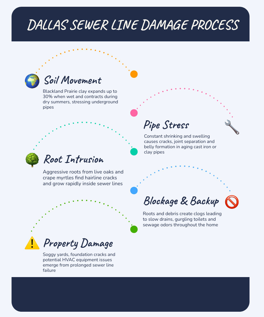 Infographic showing Dallas residential sewer layout, pipe types, warning signs, and repair method comparison infographic