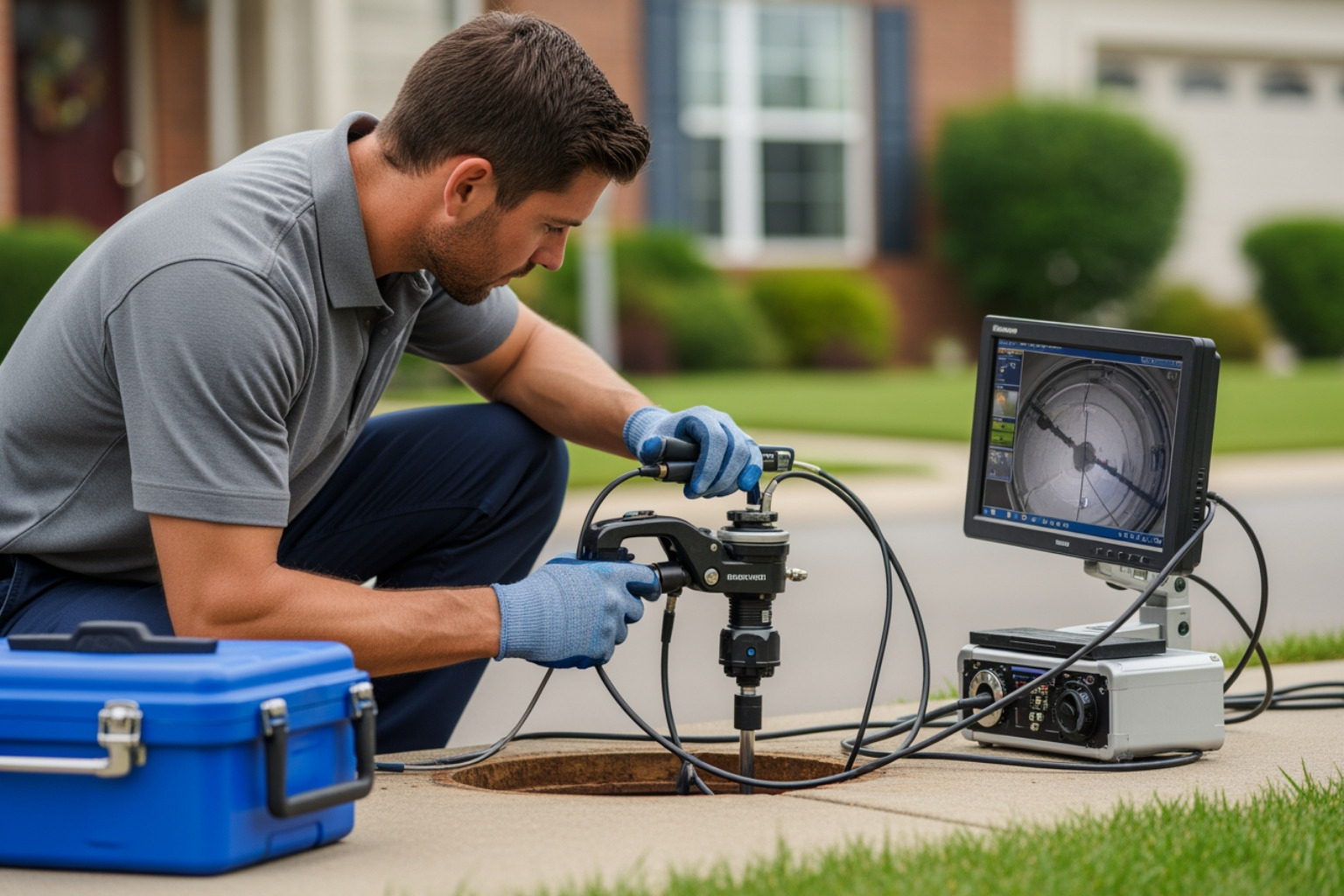 A professional plumber in a gray polo performing a sewer camera inspection on a residential property