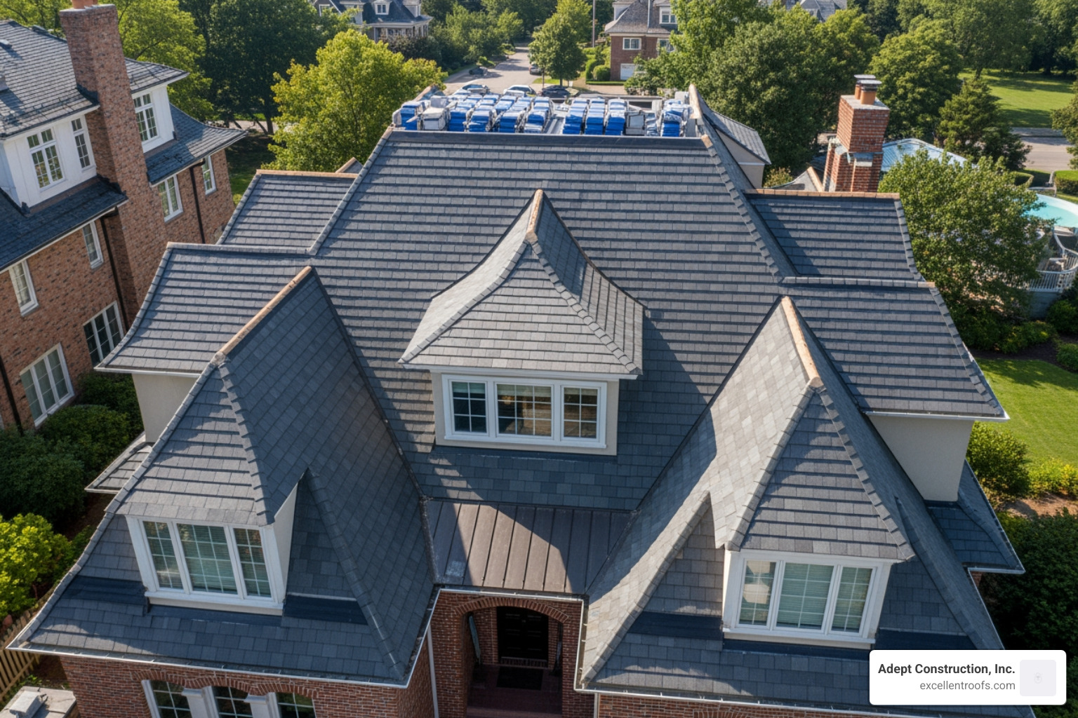 Complex roof design featuring multiple valleys, dormers, and a steep pitch which increases installation difficulty and cost