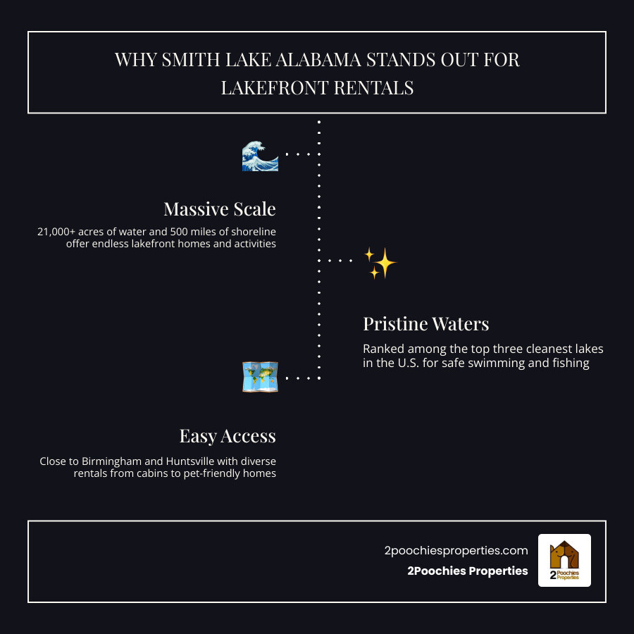 Smith Lake Alabama vacation rental overview infographic showing areas, property types, pet-friendly features, and activities