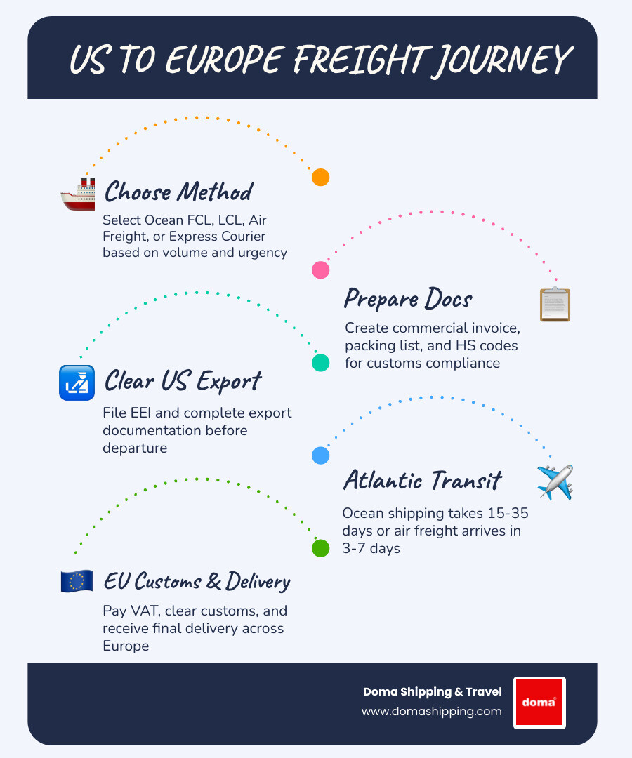 Infographic showing the international shipping journey from the USA to Europe: choosing a method, preparing documents Infographic showing the international shipping journey from the USA to Europe: choosing a method, preparing documents