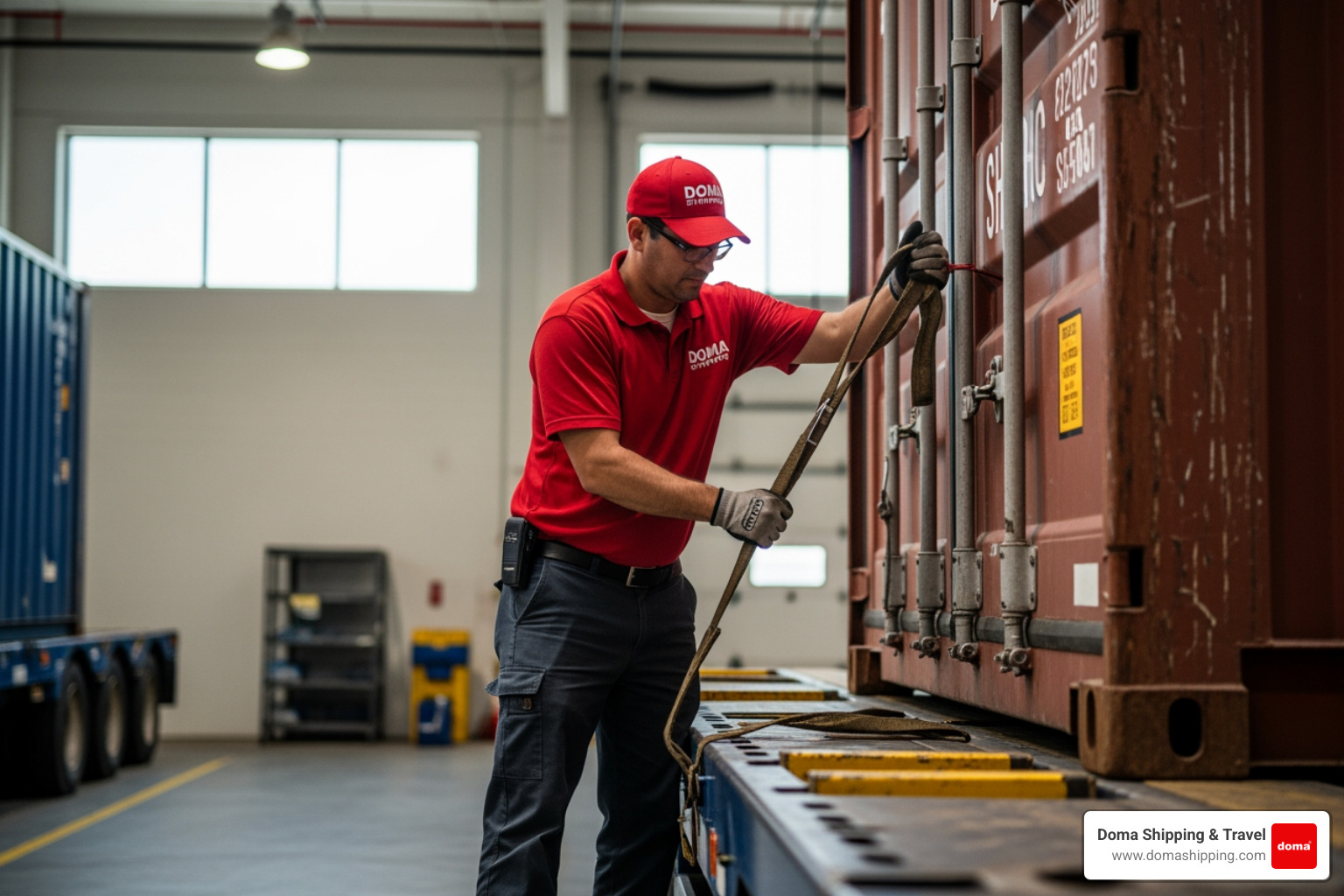 A professional logistics worker in a red Doma Shipping uniform loading a large container for overseas shipment in a Chicago A professional logistics worker in a red Doma Shipping uniform loading a large container for overseas shipment in a Chicago