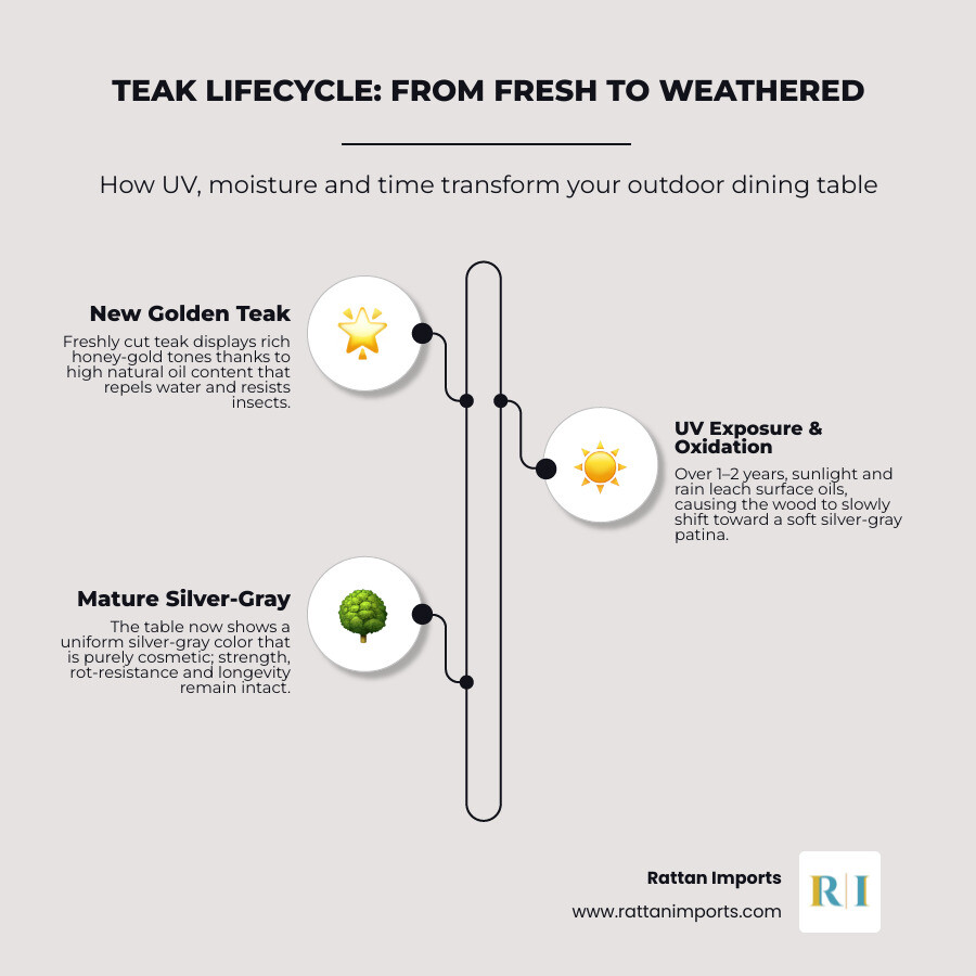 Teak furniture care lifecycle infographic from golden honey to silver-gray patina with cleaning steps infographic