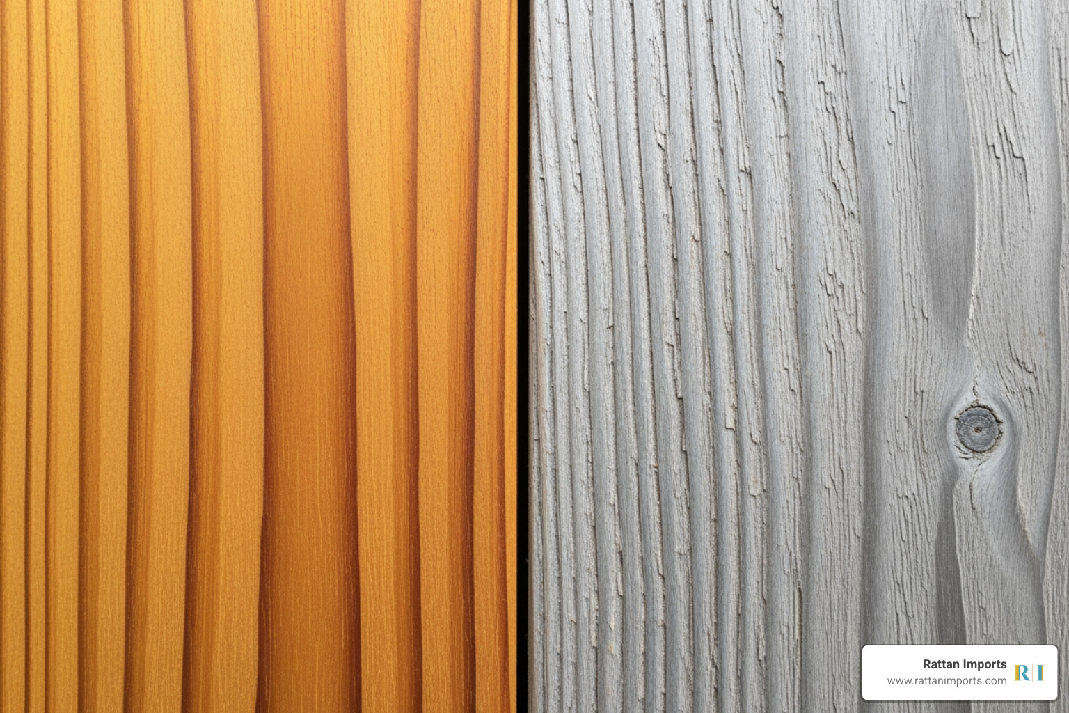 Comparison of new golden teak wood versus weathered silver-gray patina teak