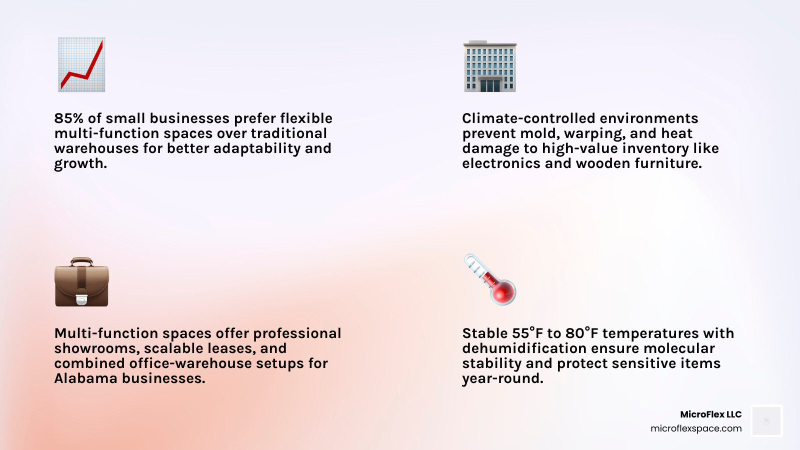 Stat showing that 85% of small businesses prefer flexible multi-function spaces over traditional warehouses infographic