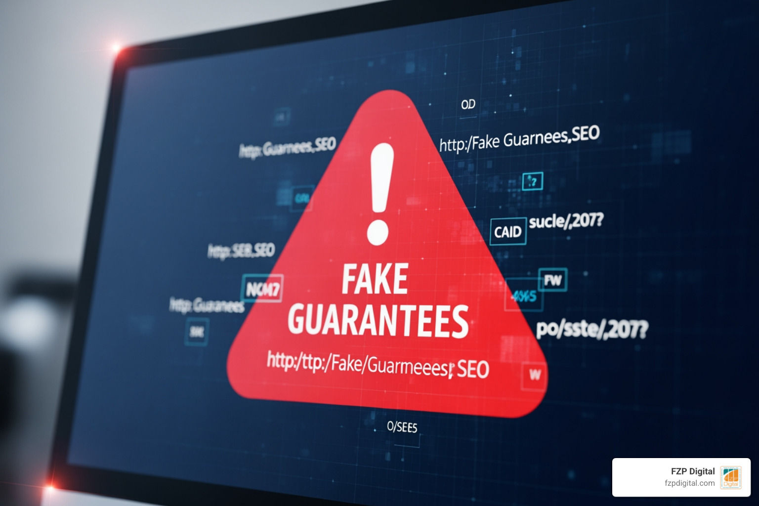 A digital warning icon representing common SEO scam red flags A digital warning icon representing common SEO scam red flags