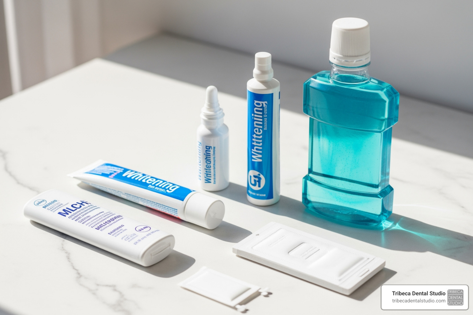 Dental care products on a clean surface Dental care products on a clean surface