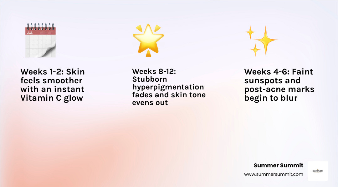 Infographic showing skin progression over 12 weeks of using kojic acid and vitamin C infographic