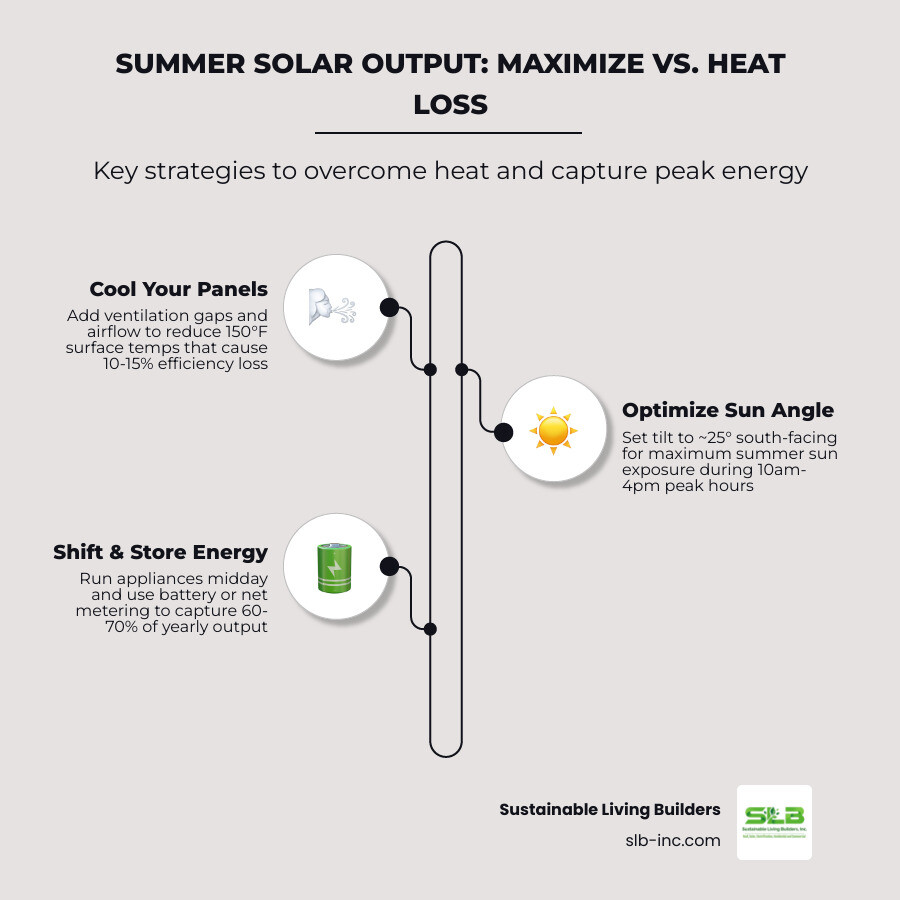 Infographic showing summer solar output factors: longer daylight hours vs heat efficiency loss, peak production window