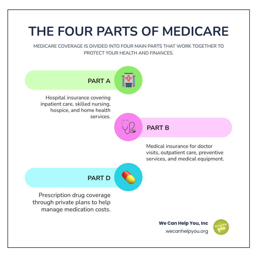 Infographic showing the four parts of Medicare: Part A hospital, Part B medical, Part C Medicare Advantage, Part D