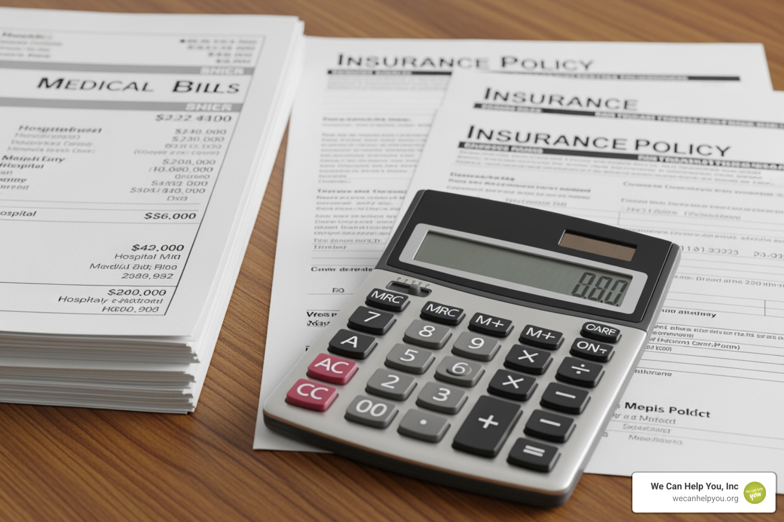 A calculator sitting next to medical bills and insurance documents