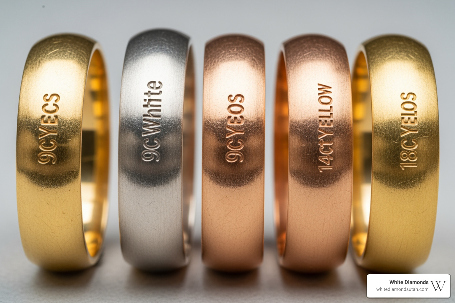 Comparison of gold tones from 9ct to 18ct showing color saturation and durability factors