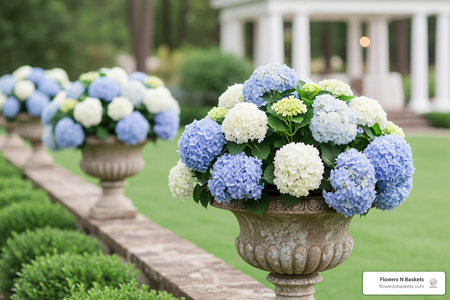 Romantic garden hydrangeas in stone urns Romantic garden hydrangeas in stone urns