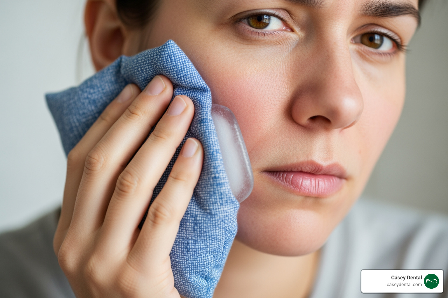 Person applying a cold compress to their jaw to manage dental pain Person applying a cold compress to their jaw to manage dental pain