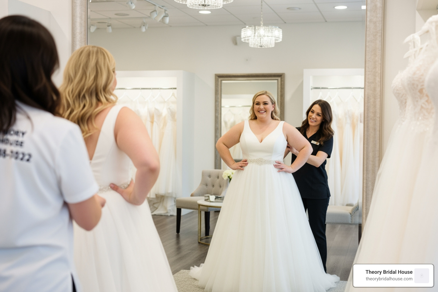 A curated bridal showroom with elegant gowns on display
