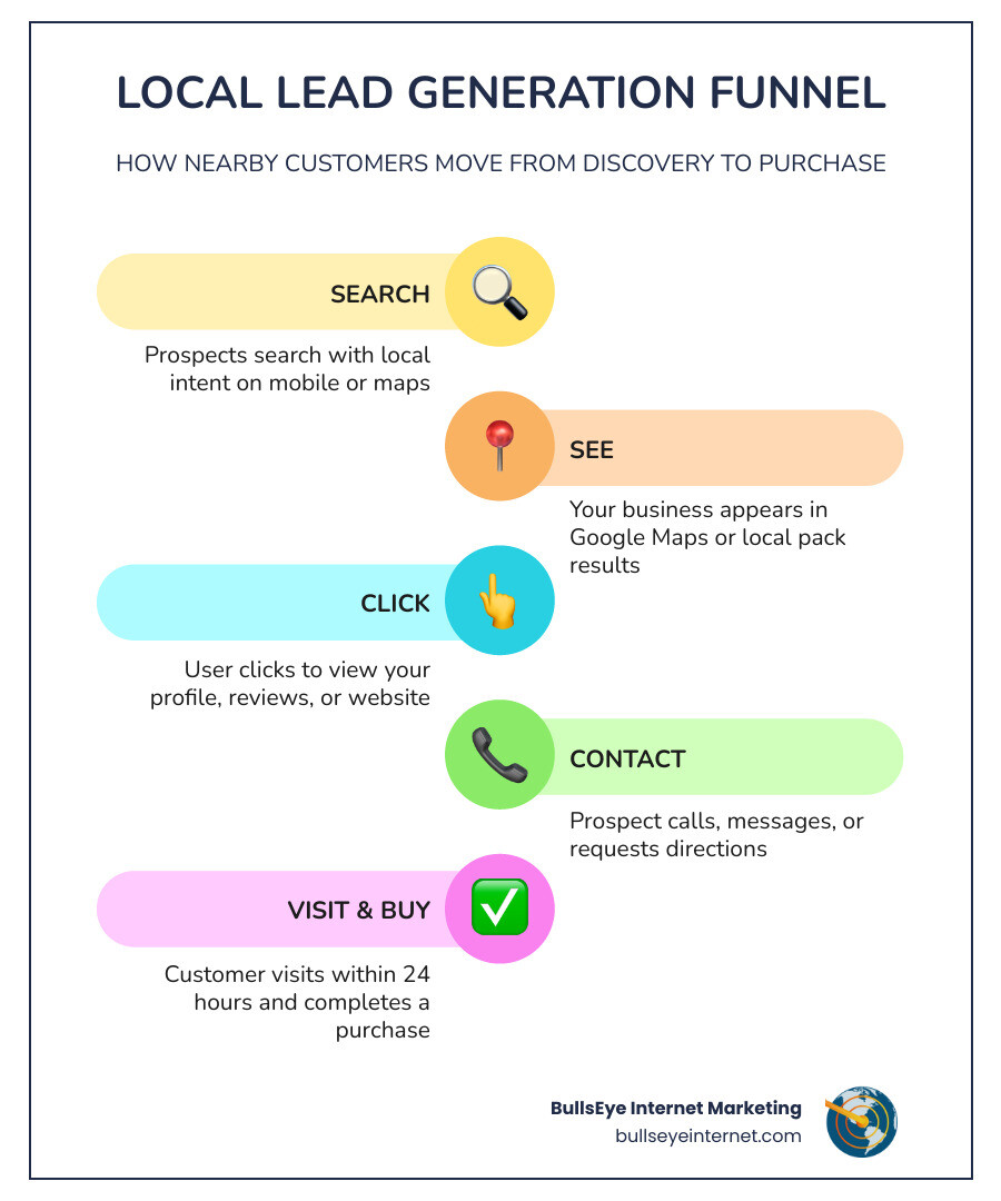 Local lead generation funnel from search query to in-store visit to paying customer infographic Local lead generation funnel illustrating customer journey from search to purchase.