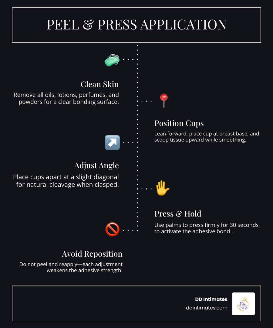 Infographic showing the peel and press method for adhesive bras infographic Infographic showing the peel and press method for adhesive bras infographic