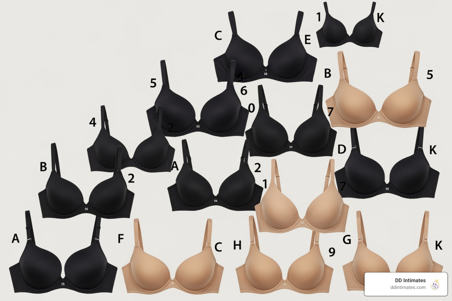 Various bra sizes A through K showing volume matching and cup shape Various bra sizes A through K showing volume matching and cup shape