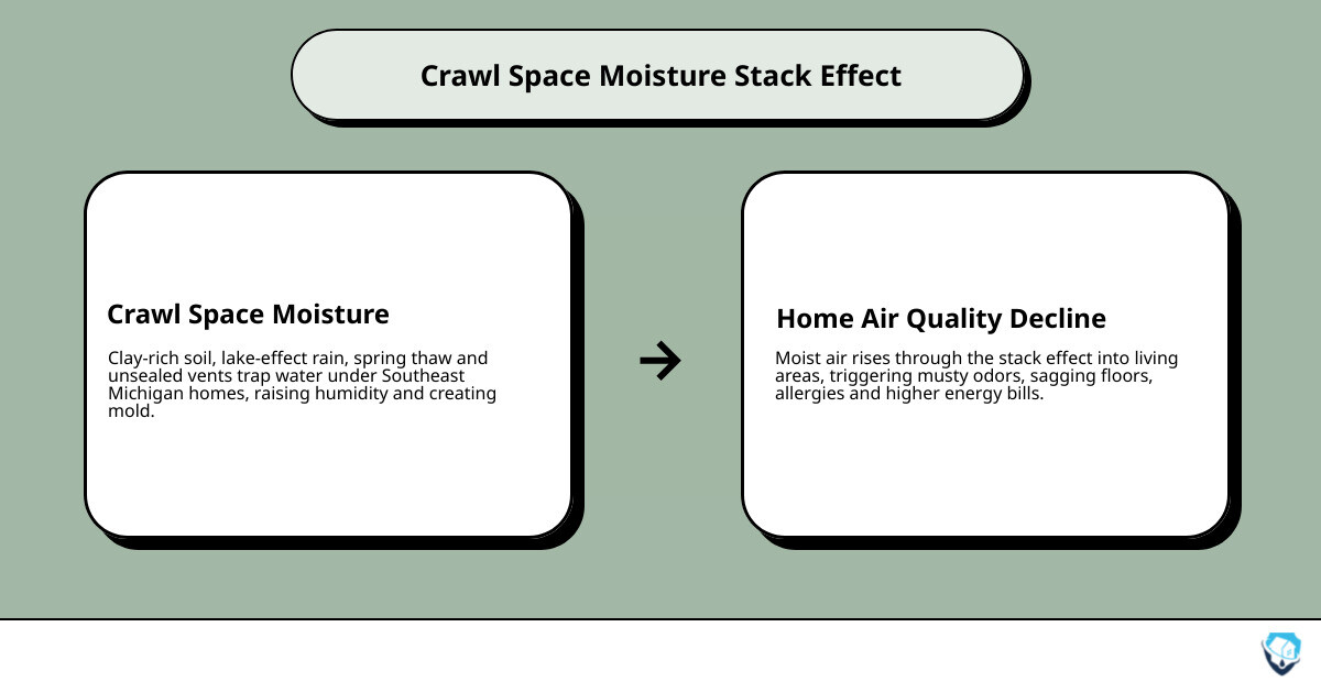 Infographic showing how crawl space moisture enters a home via the stack effect and causes mold, rot, and air quality issues Infographic showing how crawl space moisture enters a home via the stack effect and causes mold, rot, and air quality issues