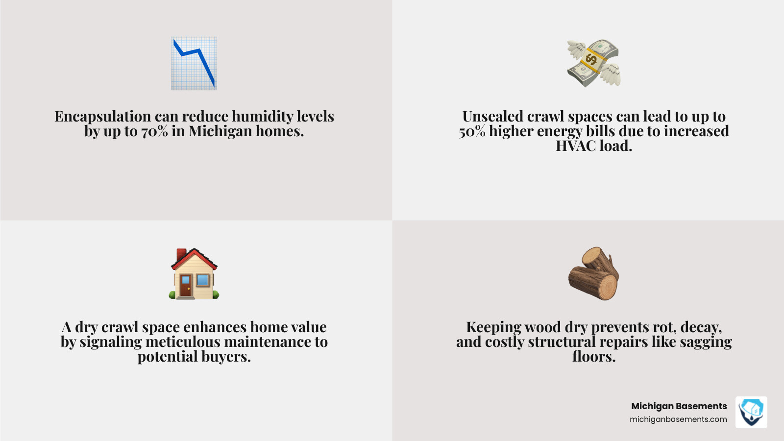Infographic showing that encapsulation can reduce crawl space humidity by up to 70% in Michigan homes infographic Infographic showing that encapsulation can reduce crawl space humidity by up to 70% in Michigan homes infographic