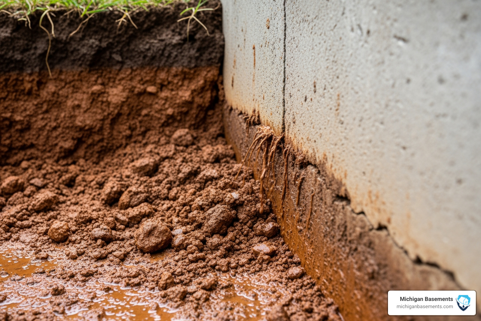 Saturated Michigan soil pressing against a residential foundation wall Saturated Michigan soil pressing against a residential foundation wall