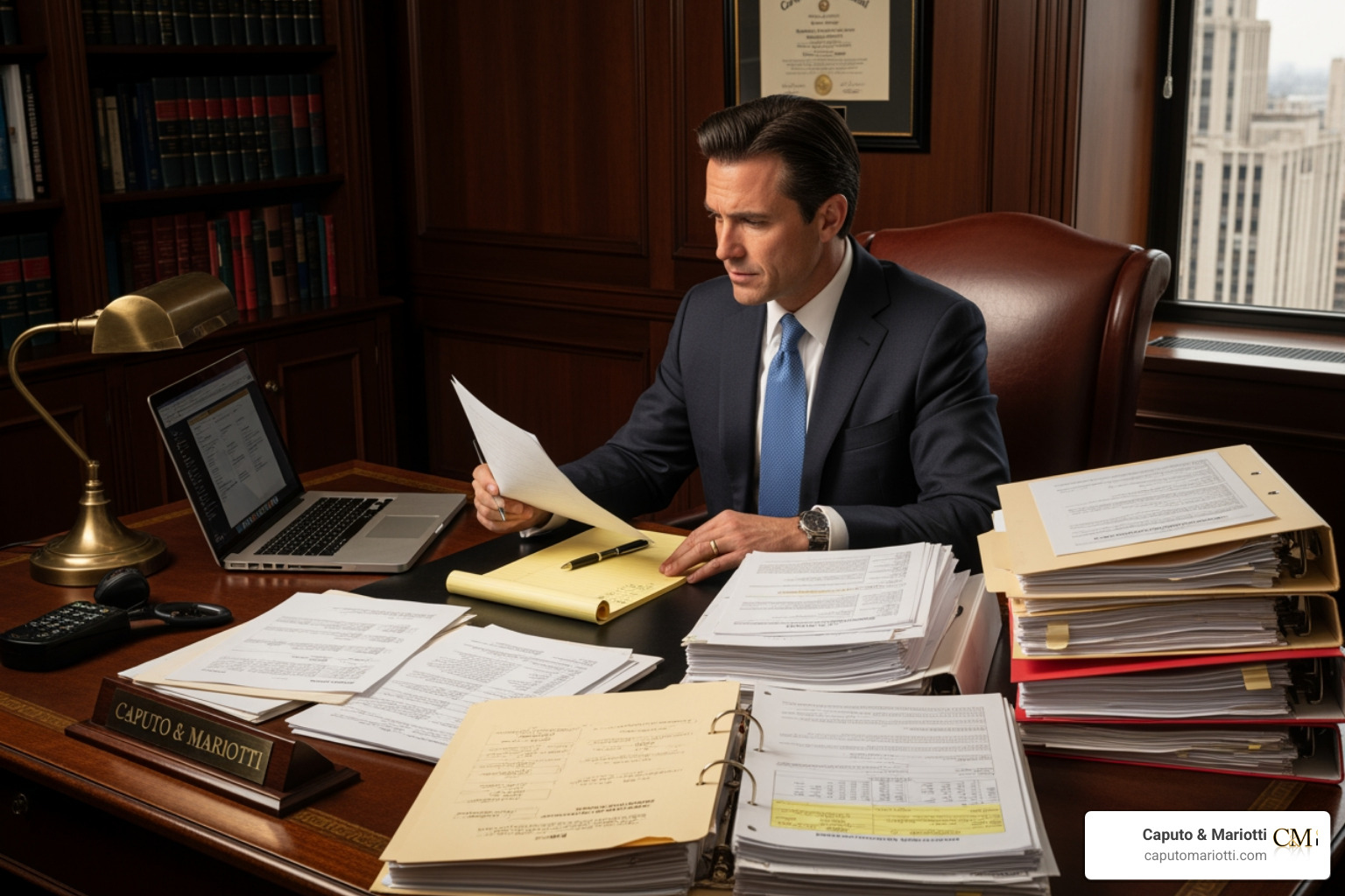 A law office setting with a legal professional reviewing medical records and documentation A law office setting with a legal professional reviewing medical records and documentation