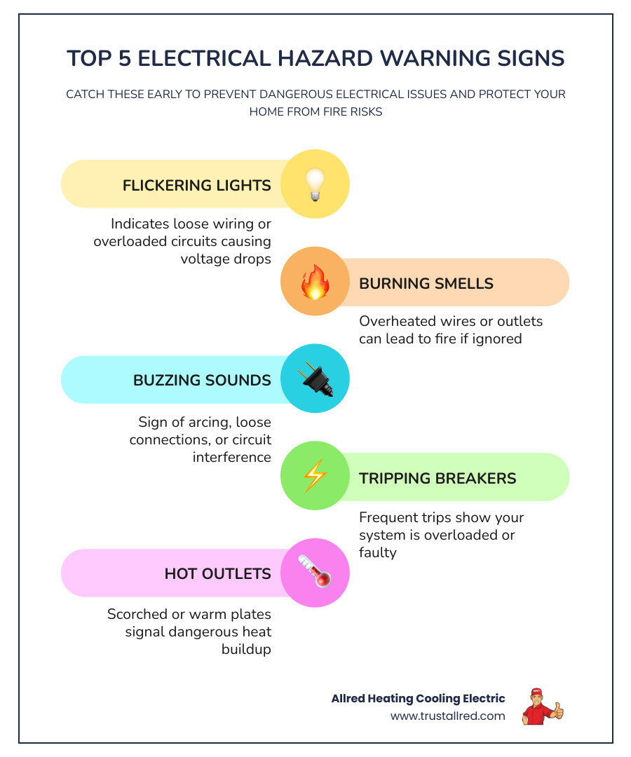 Top 5 electrical hazard warning signs homeowners should know, with causes and recommended actions infographic Top 5 electrical hazard warning signs homeowners should know, with causes and recommended actions infographic