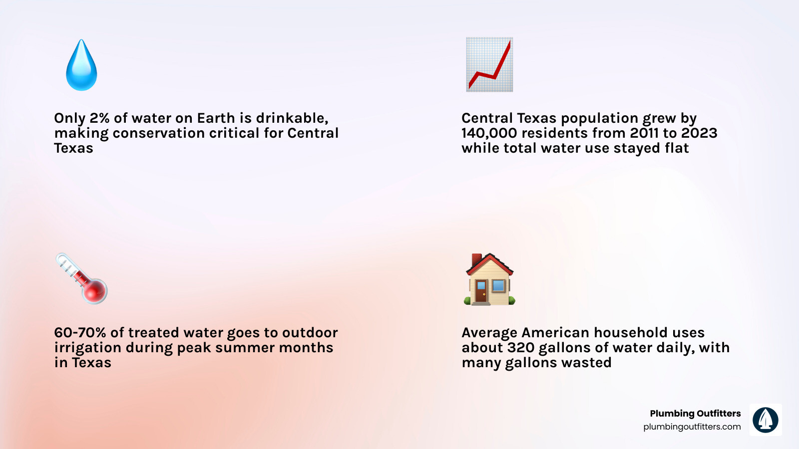 infographic showing drinkable water scarcity, Central Texas population growth, and top 10 water conservation tips for infographic showing drinkable water scarcity, Central Texas population growth, and top 10 water conservation tips for