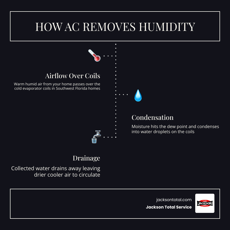 Infographic showing how an AC removes humidity through evaporator coils, condensation, and drainage, plus the 7 most common Infographic showing how an AC removes humidity through evaporator coils, condensation, and drainage, plus the 7 most common