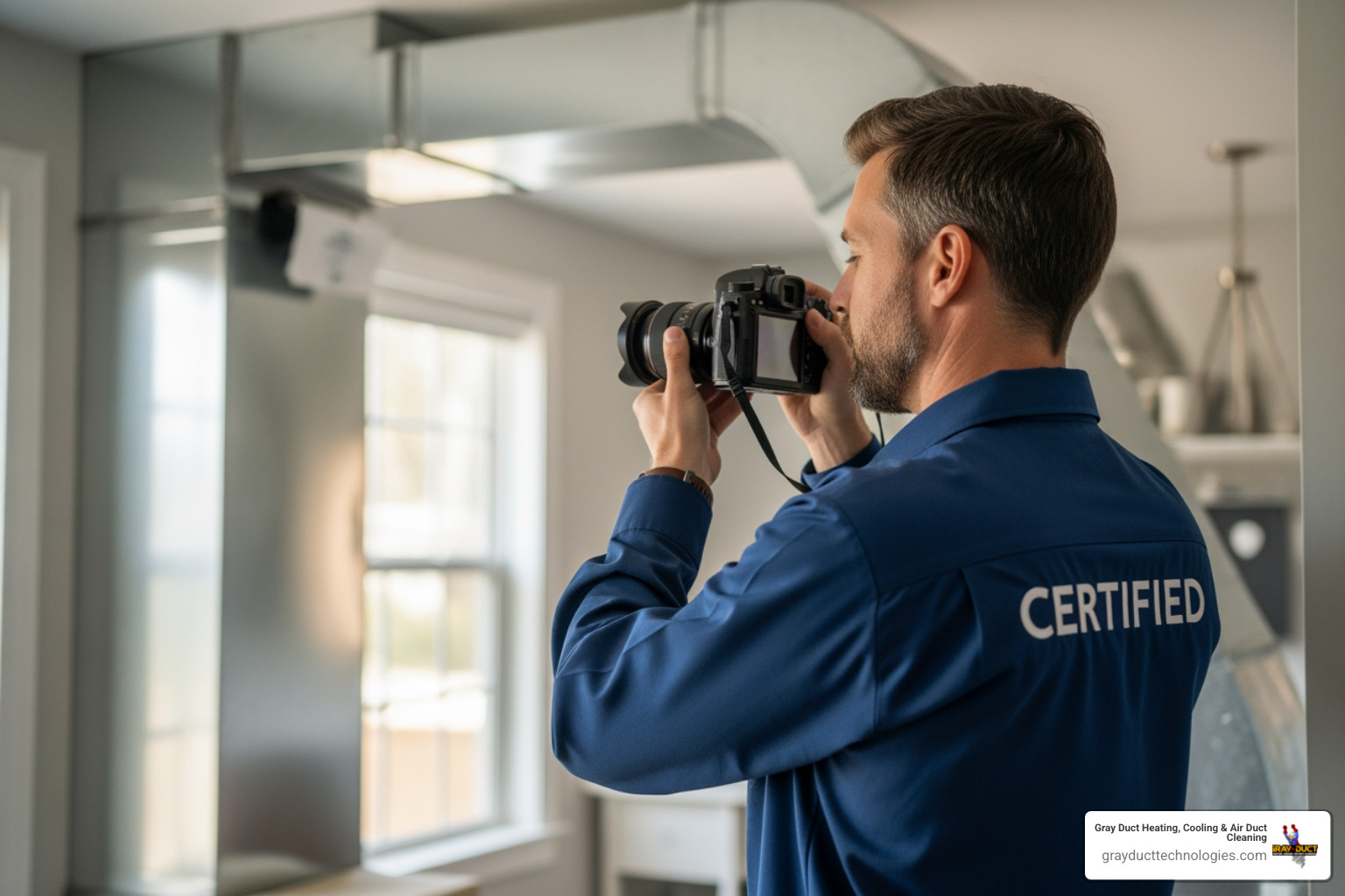 Certified technician inspecting HVAC ductwork with camera in residential home