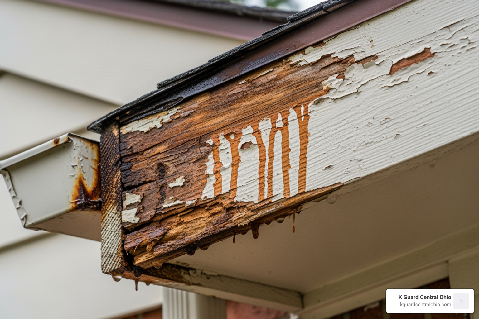Damaged fascia board behind a leaking gutter system Damaged fascia board behind a leaking gutter system