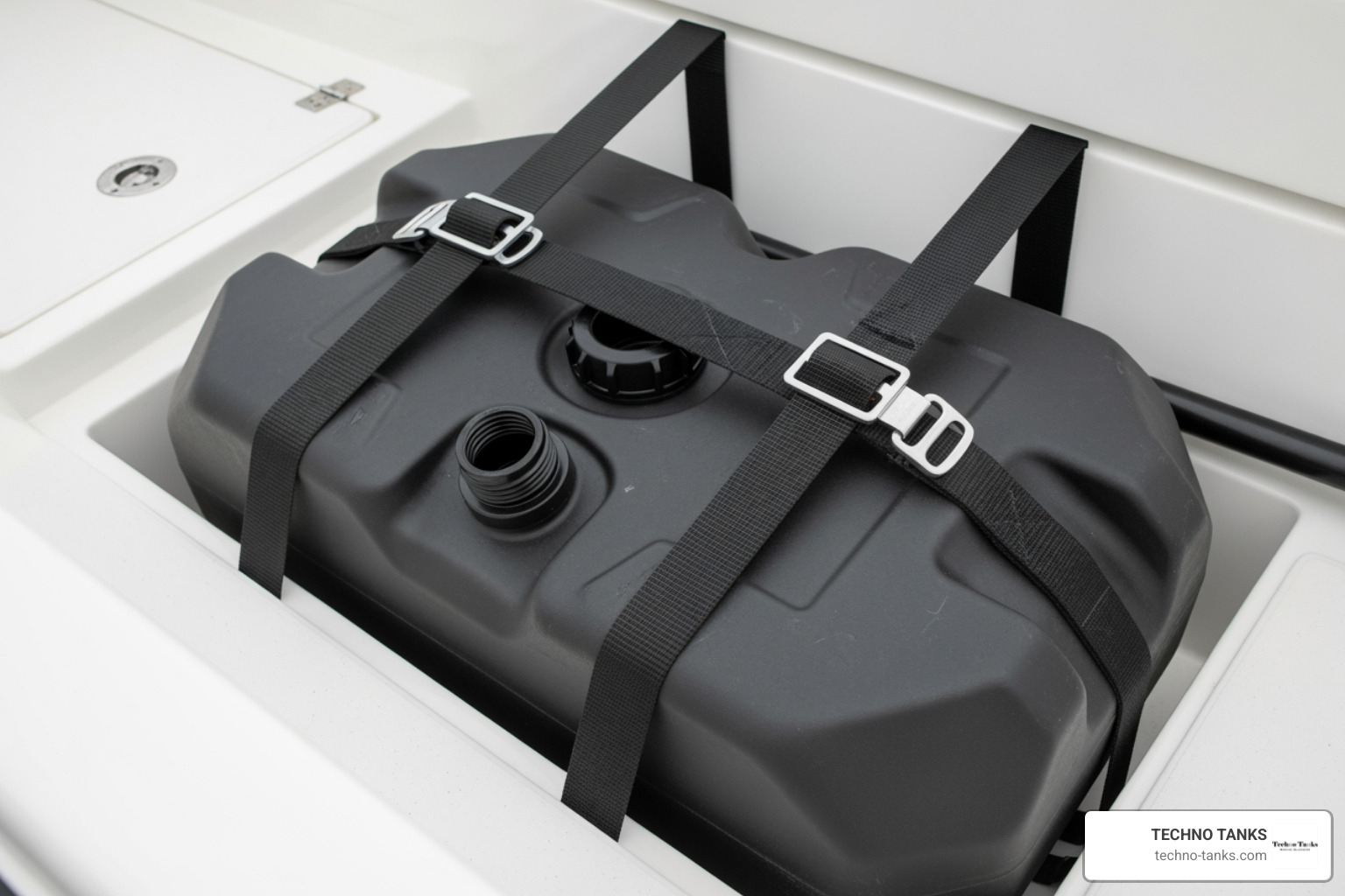 Properly strapped and secured fuel tank in a boat Properly strapped and secured fuel tank in a boat