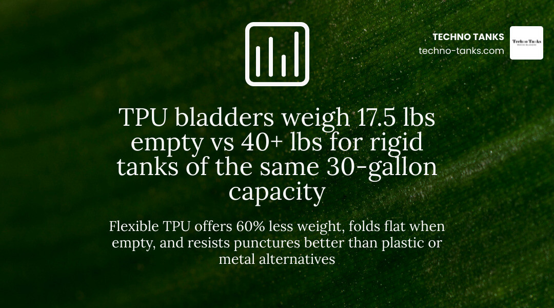 Infographic comparing 30 gallon TPU bladder vs rigid plastic tanks: weight, storage, cost, and flexibility infographic Infographic comparing 30 gallon TPU bladder vs rigid plastic tanks: weight, storage, cost, and flexibility infographic