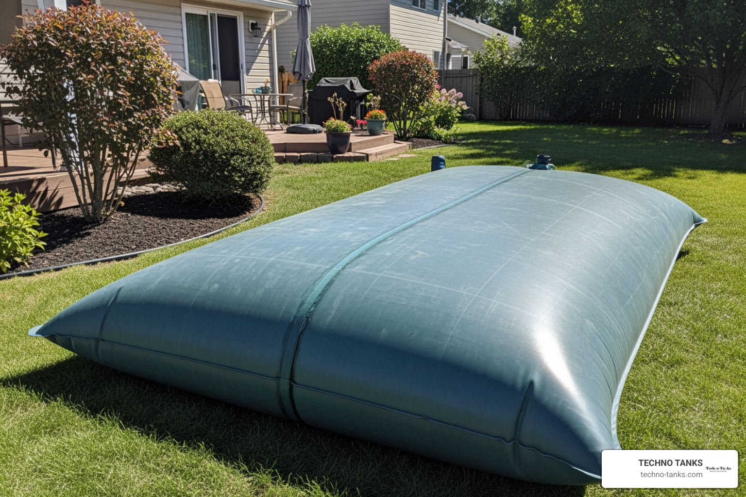 A 30 gallon bladder being used for emergency water storage in a residential setting A 30 gallon bladder being used for emergency water storage in a residential setting