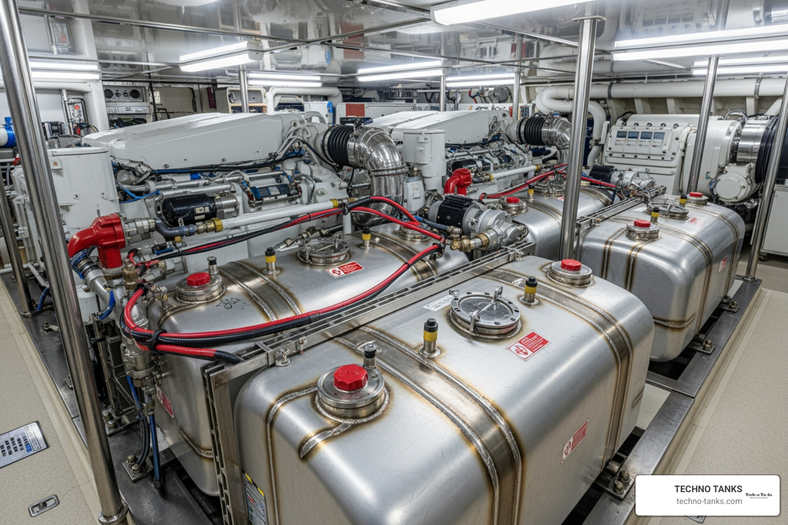 A 100-ton vessel engine room showing multi-tank configuration A 100-ton vessel engine room showing multi-tank configuration