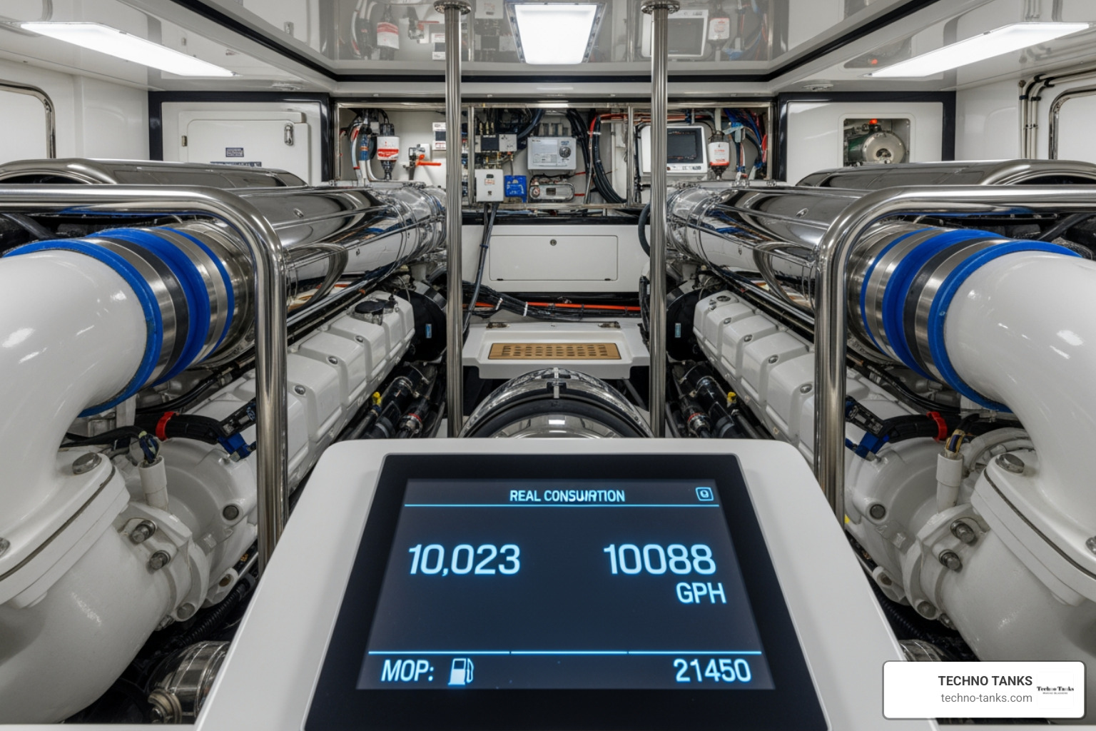 Yacht engine room and digital fuel monitoring system showing real-time GPH Yacht engine room and digital fuel monitoring system showing real-time GPH