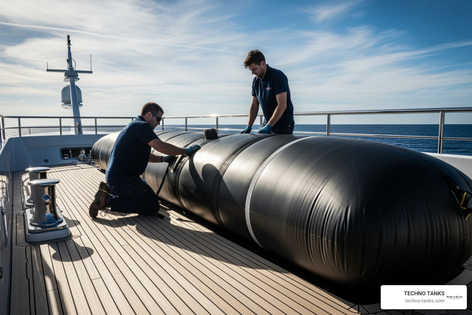 A custom Techno Tanks fuel bladder being fitted to a yacht deck A custom Techno Tanks fuel bladder being fitted to a yacht deck