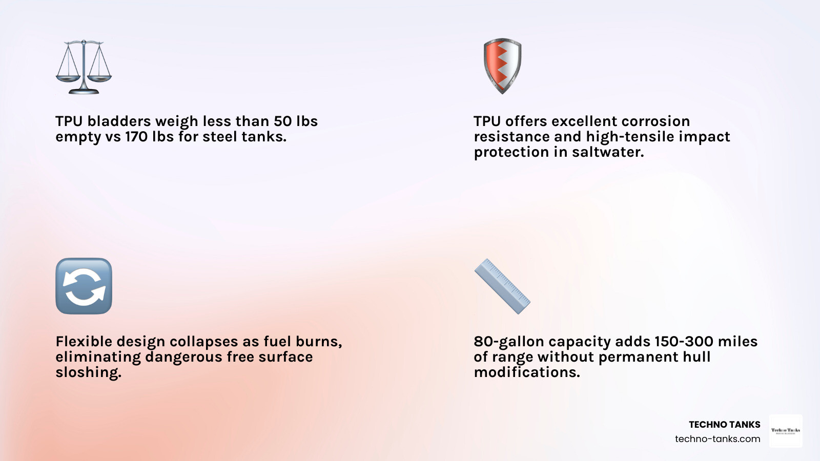 Graphic showing the benefits of TPU material for fuel tanks infographic Graphic showing the benefits of TPU material for fuel tanks infographic
