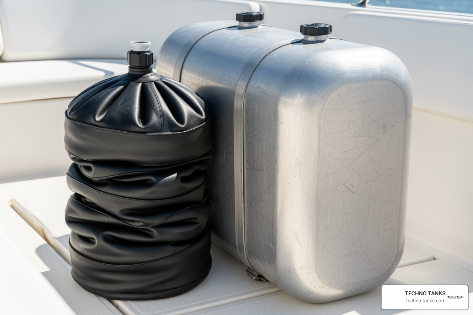 A collapsed marine fuel bladder folded neatly next to a bulky, fixed aluminum tank showing the space savings A collapsed marine fuel bladder folded neatly next to a bulky, fixed aluminum tank showing the space savings