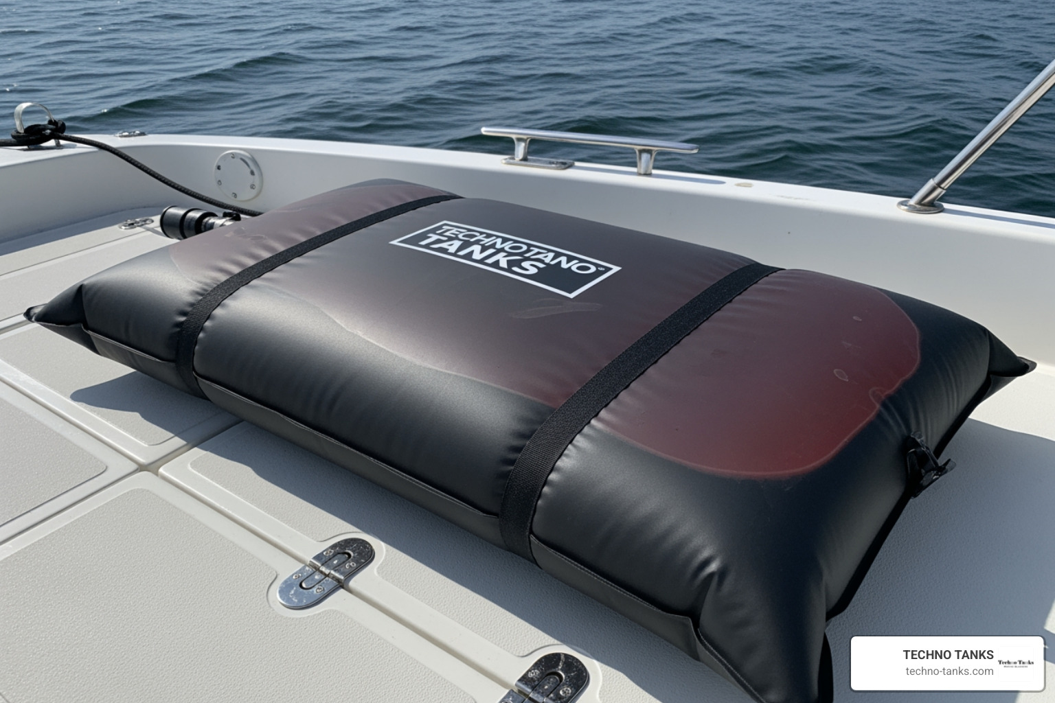 Filled 30-gallon bladder showing its low-profile dimensions on deck Filled 30-gallon bladder showing its low-profile dimensions on deck