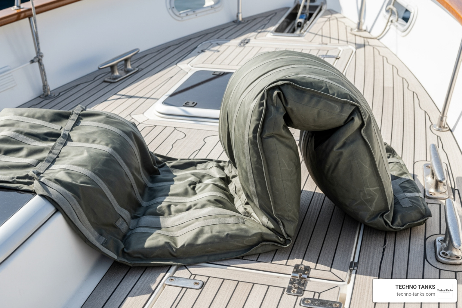 A flexible fuel bladder being deployed on a boat deck, showing how it conforms to the surface A flexible fuel bladder being deployed on a boat deck, showing how it conforms to the surface