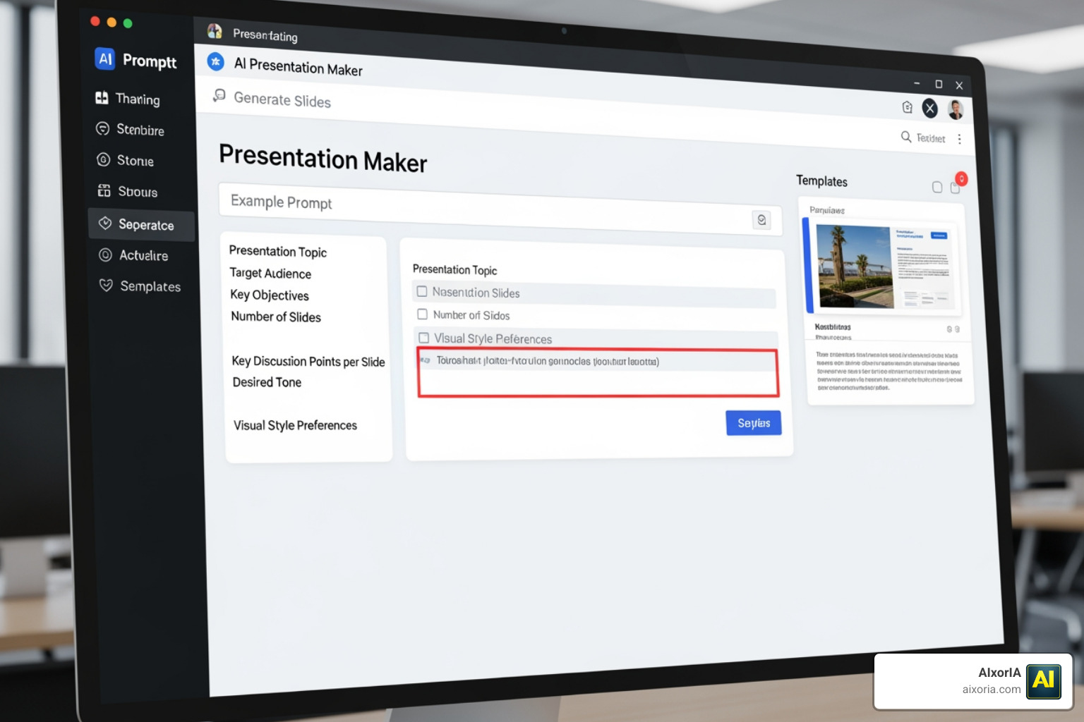 Screenshot of a prompt engineering interface with detailed instructions for an AI presentation maker