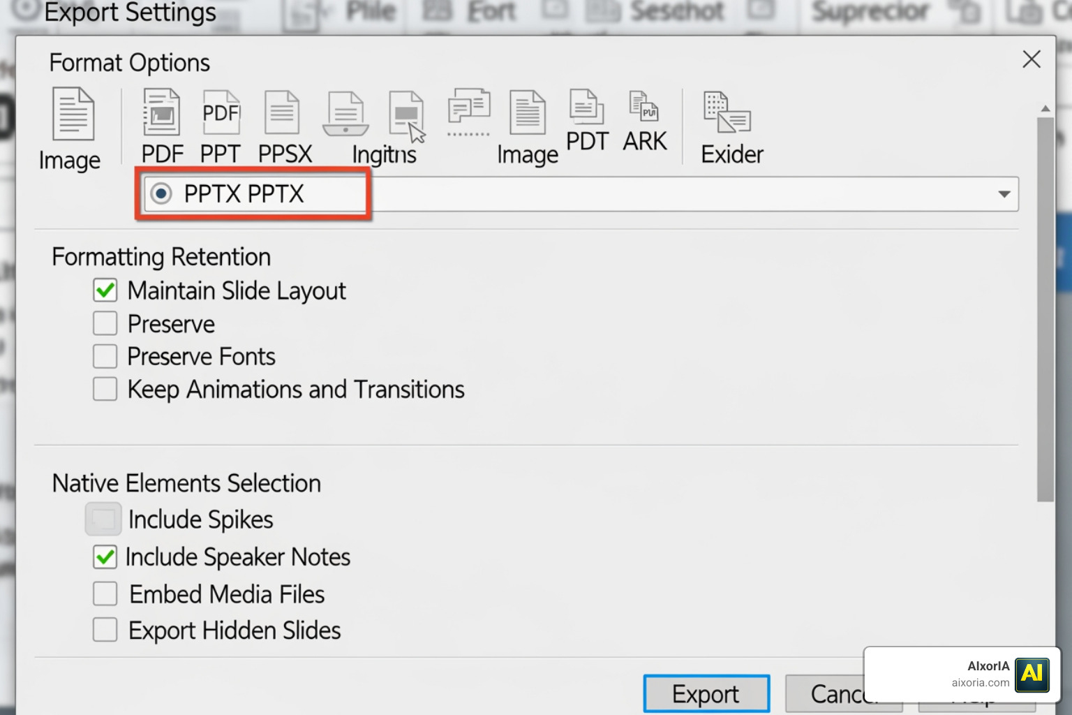 User interface showing PPTX export settings and formatting options