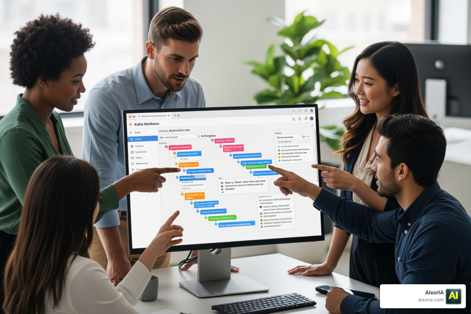 A team customizing a digital workspace with colorful Kanban cards and automation rules A team customizing a digital workspace with colorful Kanban cards and automation rules