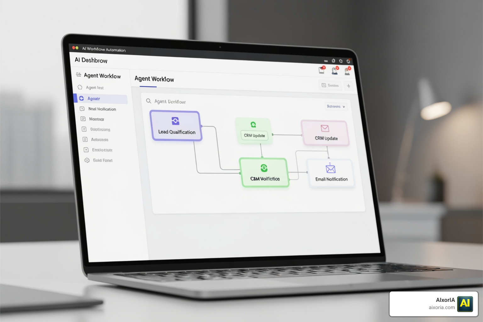 A multi-step AI agent workflow showing lead qualification and CRM updates
