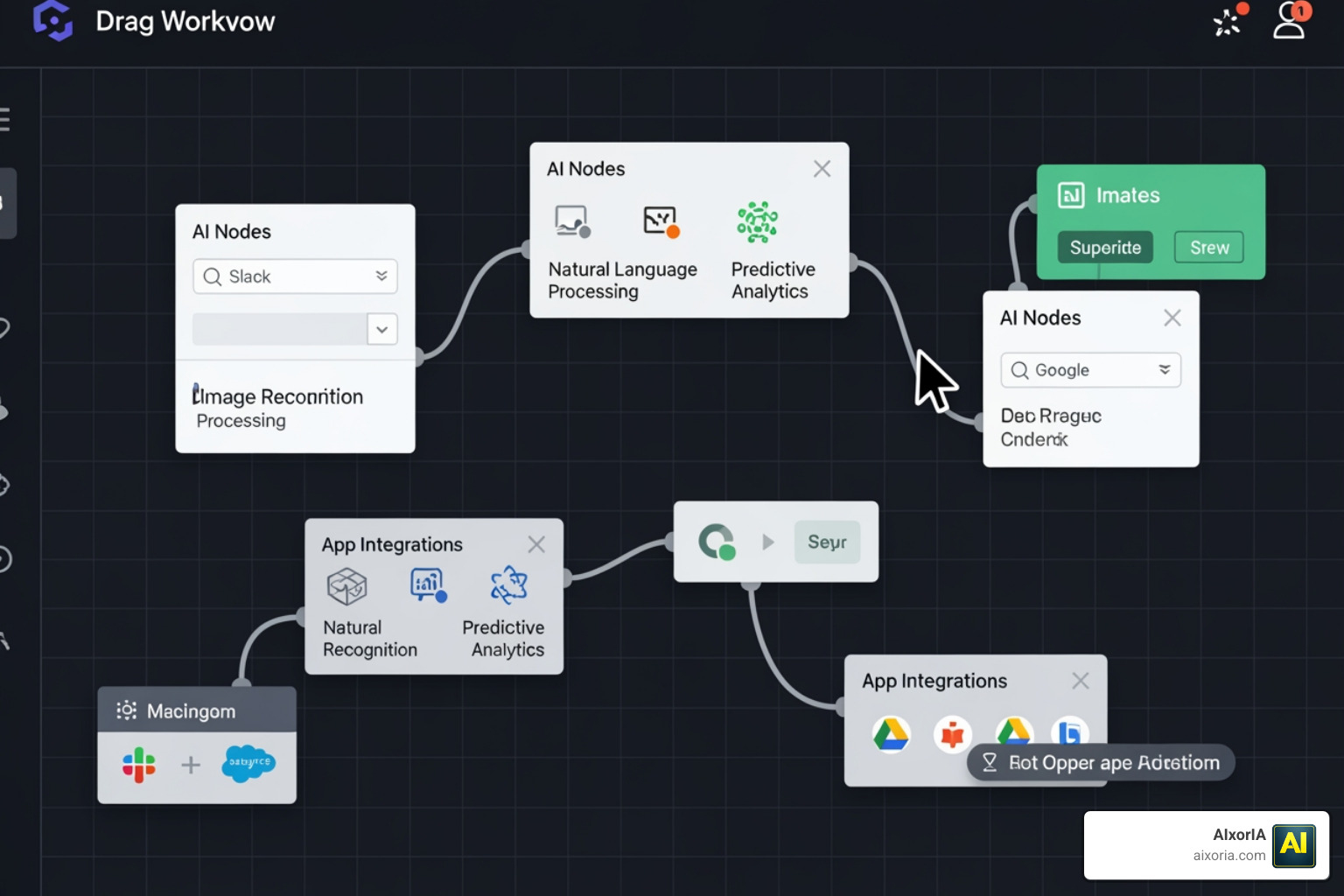A drag-and-drop workflow canvas showing AI nodes and app integrations