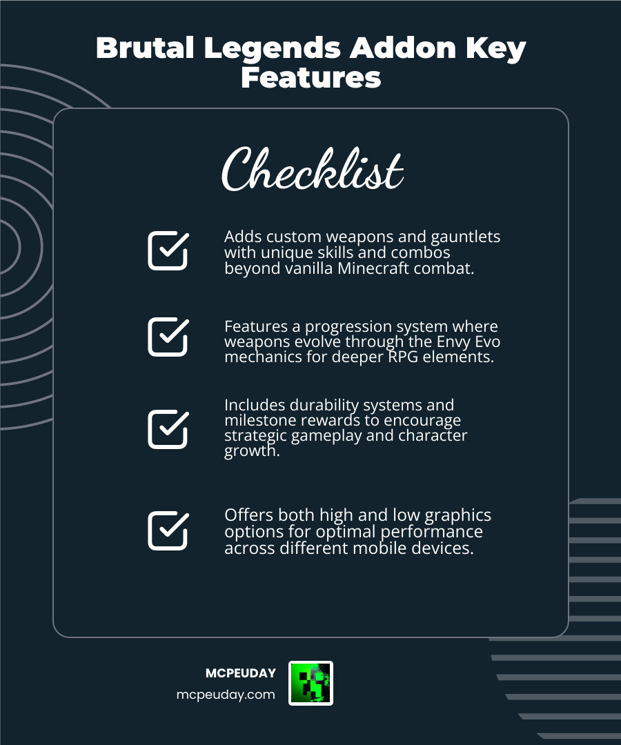 Brutal Legends Addon progression system infographic weapons armor skills evolutions MCPE Bedrock infographic