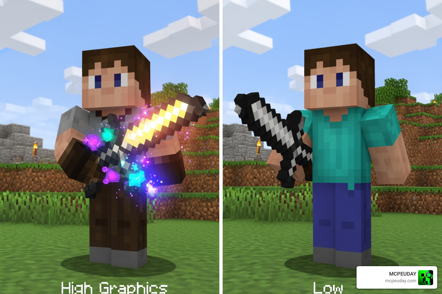 Comparison of high graphics vs low graphics settings in Brutal Legends Addon
