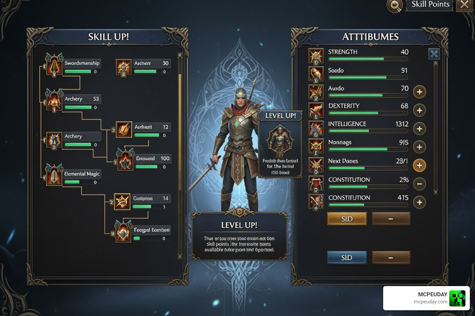 RPG skill menu interface showing character growth and attribute leveling