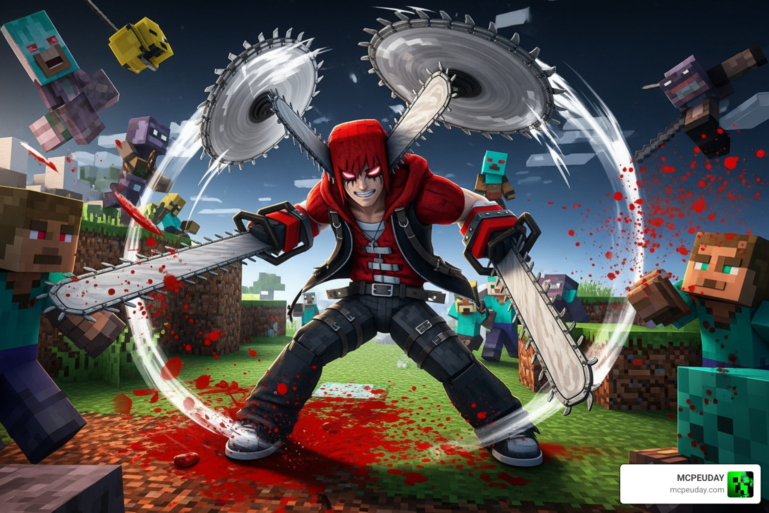 Chainsaw Man combat showcasing the blood effects and chainsaw animations in Minecraft PE Chainsaw Man combat showcasing the blood effects and chainsaw animations in Minecraft PE